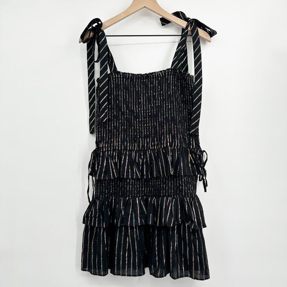 House of Harlow 1960 Corinne Shirred Smocked Mini Dress in‎ Black Gold Size M - Picture 2 of 11